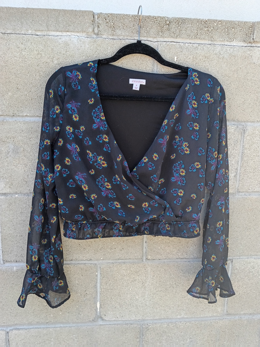 Xhilaration Black Floral Wrap Crop Blouse